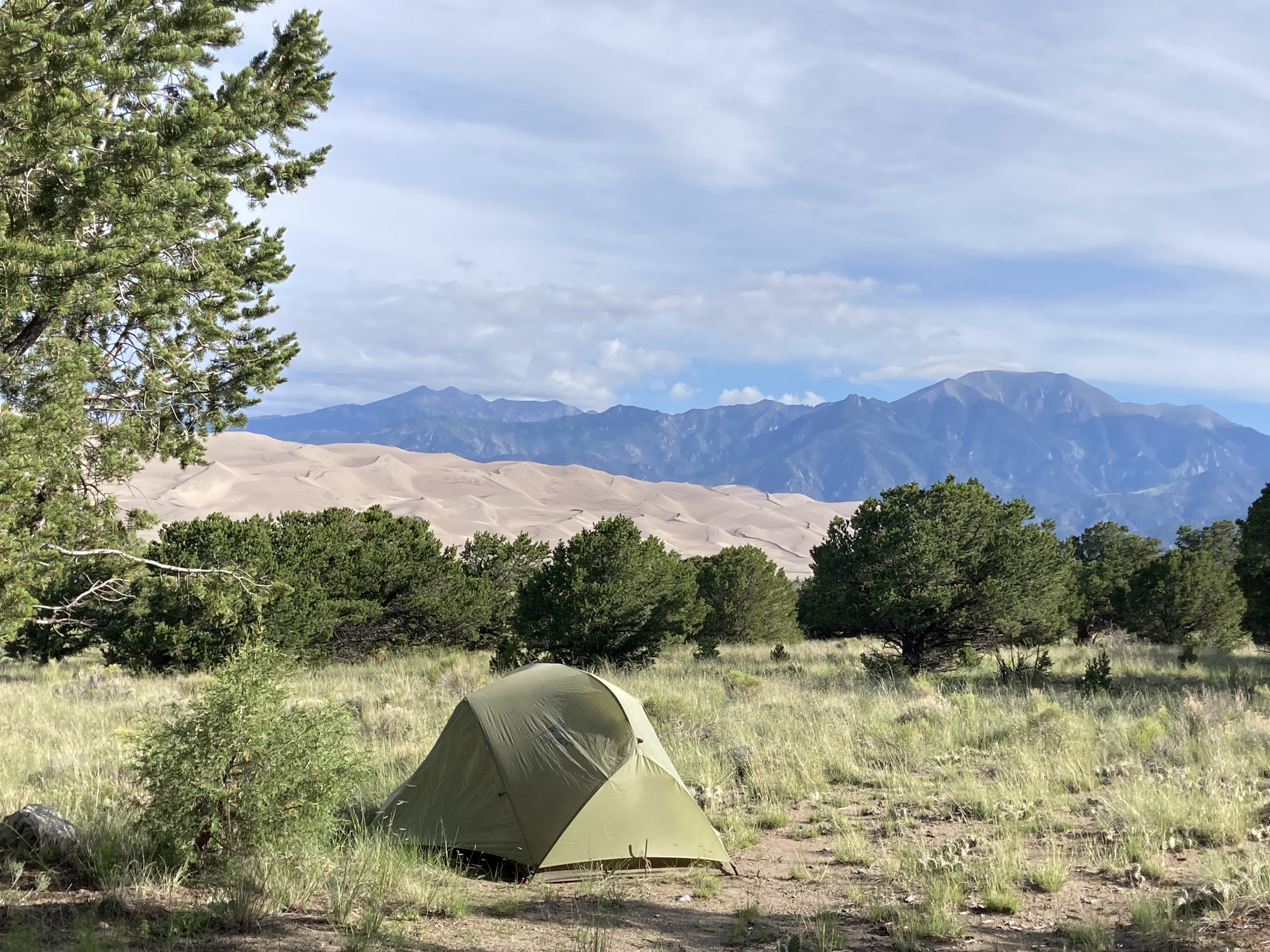 Field camp with sand dunes backdrop